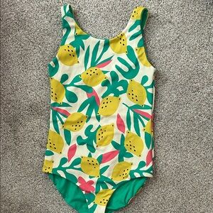 Hanna Andersson Yellow Lemon Print One-Piece Swimsuit with Green & Pink Accents